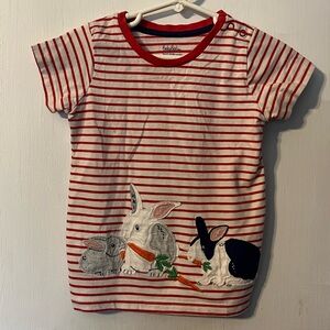 Baby Boden size 3-4 Y red/cream stripe with 3 rabbits at the bottom on the front